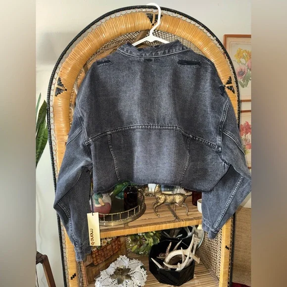 Black Cropped Distressed Denim Jacket by Mono B - Picture 7 of 7